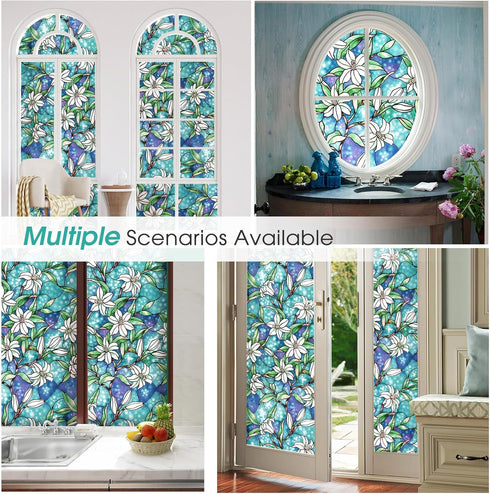 Coavas Decorative Window Privacy Film, Heat Control Sun Blocking Stained Glass Window Film, Floral Design Static Cling