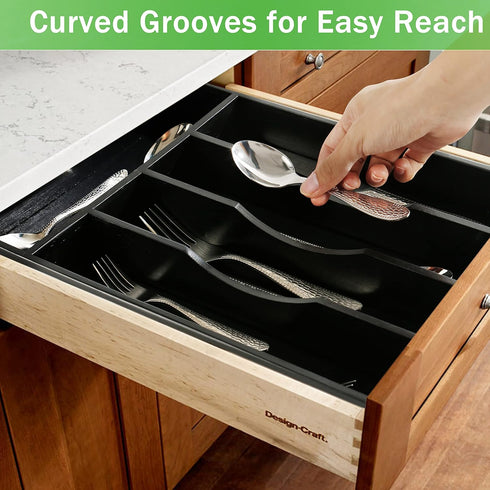 Black Bamboo Silverware Organizer - 10 In Utensil Tray for Kitchen Drawer, Cutlery Flatware Organizer