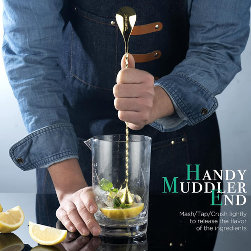 Homestia 12 Inch Bar Spoon, Cocktail Mixing Stirrers, 304 Stainless Steel, Gold, Bottom Weighted Solid Muddler