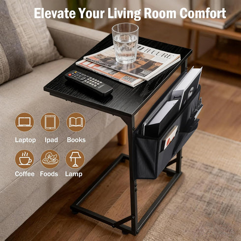 C Shaped End Table for Couch, Small Side Table for Living Room & Bedroom, Slide Under Sofa Table for Laptop, Coffee