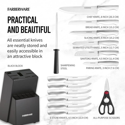 Farberware 15-Piece High-Carbon Stamped Stainless Steel Kitchen Knife Set with Wood Block