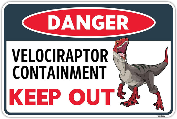 Venicor Velociraptor Dinosaur Sign Decor, 8 x 12 Inches Aluminum Raptor Dinosaur Room Decor for Boys Kids