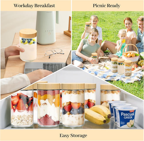 4 Pack 24oz TBWIND Glass Jars with Bamboo Lids, Spoons, Airtight Overnight Oats Containers, Wide Mouth Mason Jars, Food