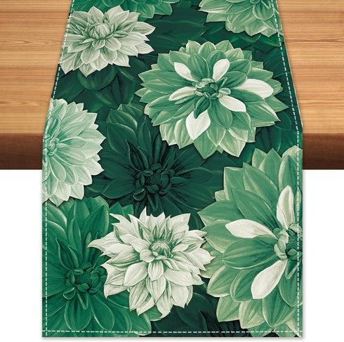 Deep Green Dahlia Flower Spring Table Runner Green Gray Burlap Table Runners,