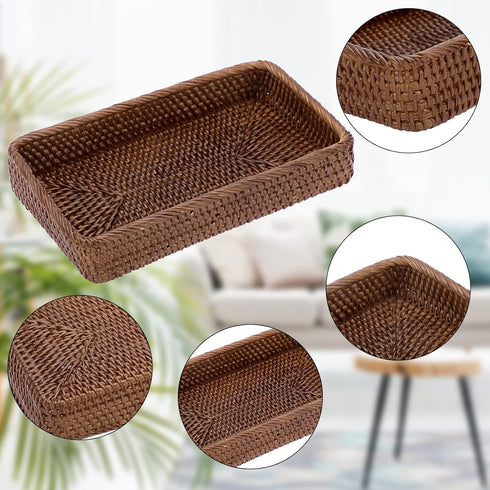 Sumnacon 10 Inch Rattan Bathroom Vanity Tray - Decorative Wicker Toilet Tank Tray for Paper Hand Towel, Brown