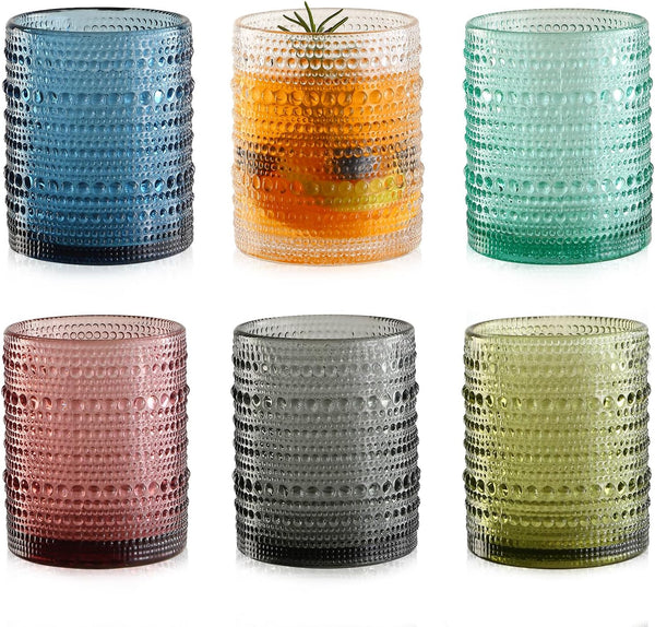 KMIGRUAN Colored Hobnail Drinking Glasses Set of 6,12oz Vintage Kitchen Glassware,Embossed Beaded