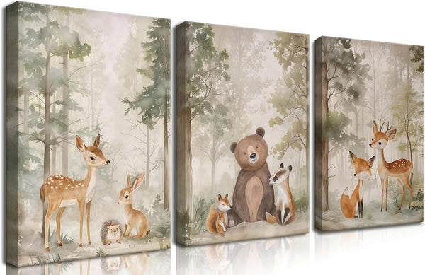 Nursery Canvas Wall Art Set of 3 - Woodland Wild Animals Bear