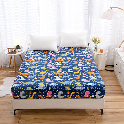 Bedding Fitted Sheet with Deep Pocket for Twin Bed, Dino Printed Thicken Fabric (Navy Blue)