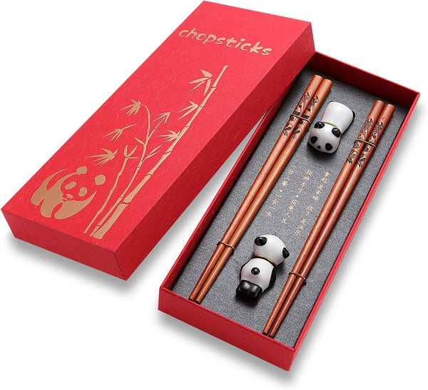 Cute Panda Chopsticks and Rest Gift Set, Reusable Wooden Chopsticks with Ceramic Holder for Wedding Presents