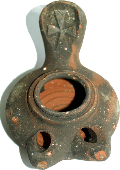 Holy Land Market Antique Crusader 2-Wick Clay Oil Lamp - Herodian Style