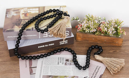 58in Wood Bead Garland with Tassels, Farmhouse Rustic Country Decor, Boho Wall Hanging Decoration (Black)