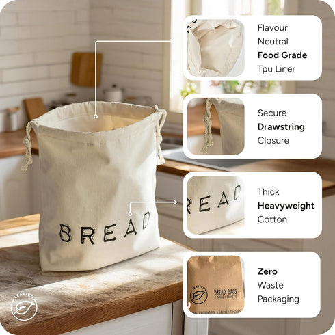 2 1 Leafico Reusable Bread Bags Cotton Storage Bags + Baguette Bag with Food Safe TPU Liner For Homemade Bread