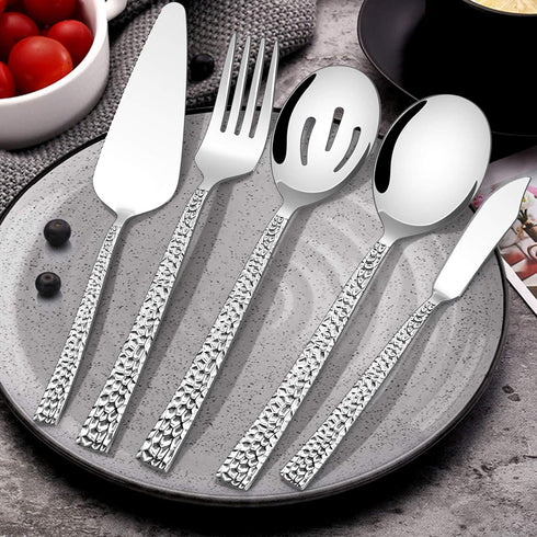 E-far Hammered Serving Utensils, 5-Piece Stainless Steel Square Hostess Serving Set, Mirror Finished & Dishwasher Safe