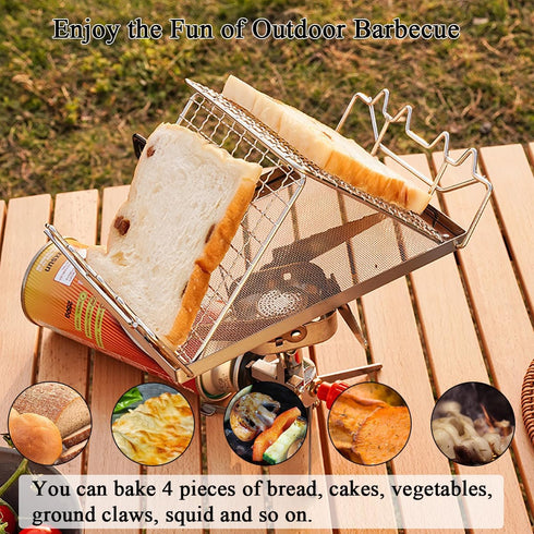 Camp Stove Toaster, 7.9 x 5.3 in Foldable Stainless Steel Rack, Portable Bread Toaster for Indoor Baking and Outdoor