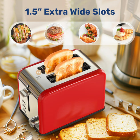 YSSOA Stainless Steel Toaster: 2 Slice with Extra Wide Slot, 6 Shade Settings, Red