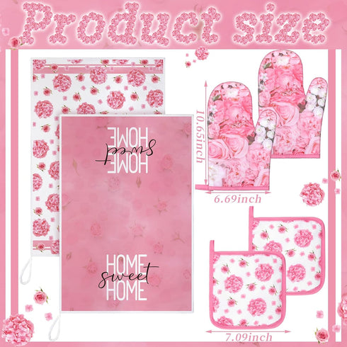 Leinuosen 8 Sets Sets Pcs Pink Rose Kitchen Towels and Dishcloths Oven Mitts and Pot Holders Absorbent Kitchen Gloves
