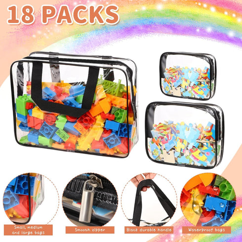 MBJZSL 18 Packs (3 Toy Storage Bags with Labels, Clear PVC Puzzle Storage Bags, Waterproof Travel Toy Organizer Bags