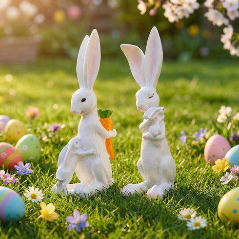 2Pcs 5.5 Inch Easter Bunny Decorations - White Resin Easter Rabbits with Carrot, Decorative Bunnies Mom with Kids