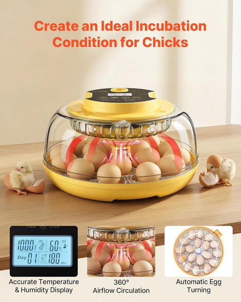 18 360 VEVOR Egg Incubator, Automatic Egg Turner with LED Candler, Temperature & Humidity Control, View Clear Window
