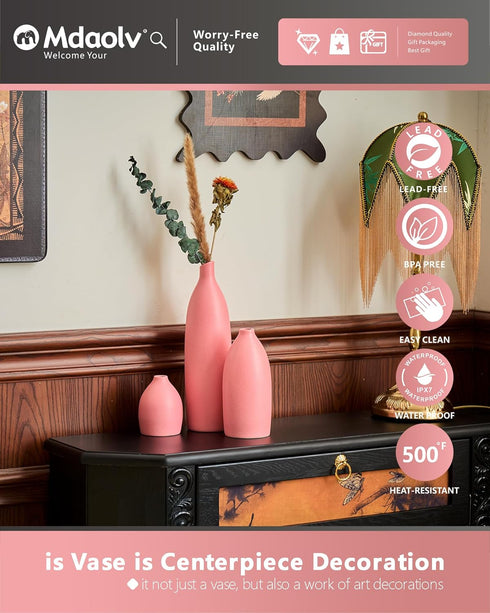 Mdaolv Set 3 Matte Pink Vase of - Modern Boho Aesthetic Bud Ceramic Vases Home Decor - Centerpieces Decor for Dining
