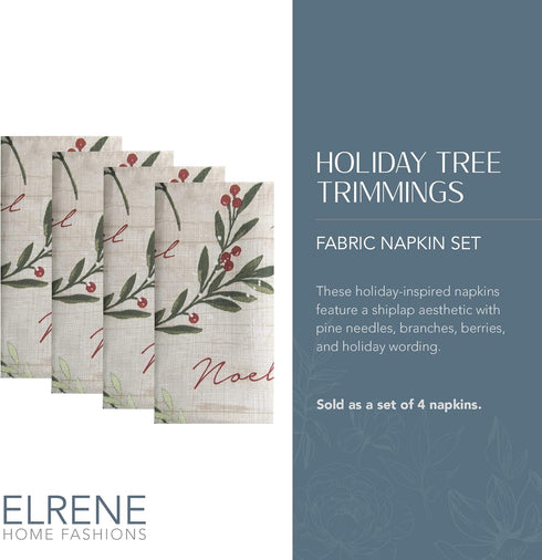 Elrene Home Fashions Set of 4 Holiday Tree Trimmings Fabric Napkins, 17" x 17"