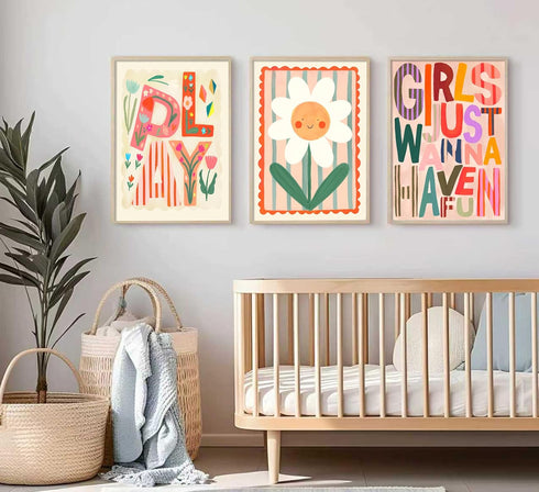 12x16 Inch, Set 3 Boho Floral Sun Nursery Wall Art Girls Just Wanna Have Fun Positivity Affirmation Rainbow Print