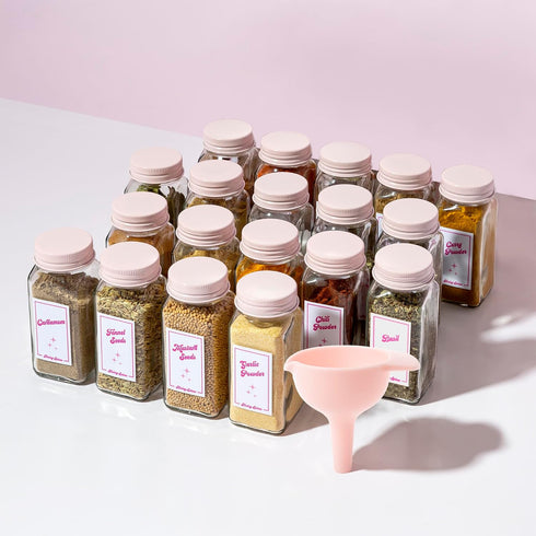 Set, 4-Ounce 20-Piece, Paris Hilton Glass Spice Jar Storage Empty Spice Jars with Labels, Shaker Caps and Metal Lids