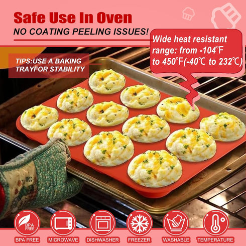 2PCS Silicone Muffin Pan - Thicken-12 Cup Non-Stick Baking Pan for Muffin Cakes, Tart, Bread - Dishwasher & Microwave