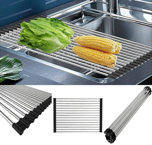 Roll Up Dish Drying Rack Over The Sink, Portable Stainless Steel Folding Mat for Kitchen Counter (Black,