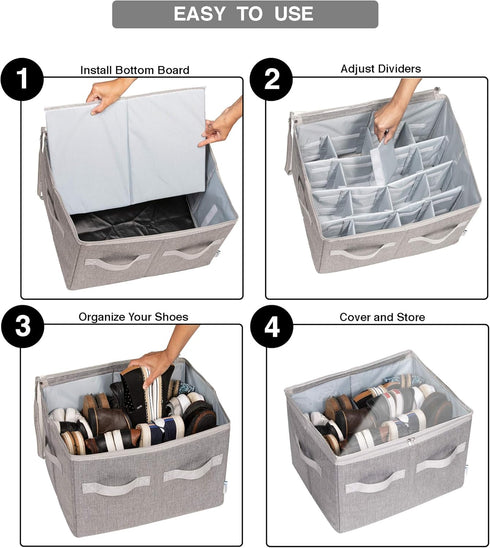 Moteph Shoe Organizer for Closet - Shoe Storage Organizer with Clear Cover & Adjustable Dividers (Grey, Medium - 16