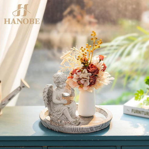 Hanobe Decorative Tray for Coffee Table: Round Candle Plate Holder Centerpieces for Dining Room Kitchen - Wooden
