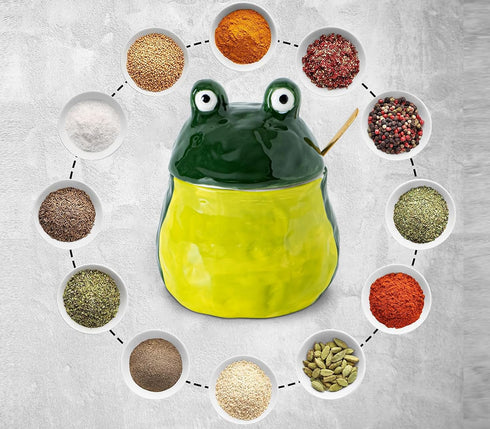 dgudgu Countertop Countertop Frog Salt Cellar With Lid And Spoon Ceramic Salt Container Green Salt Box Cute Salt