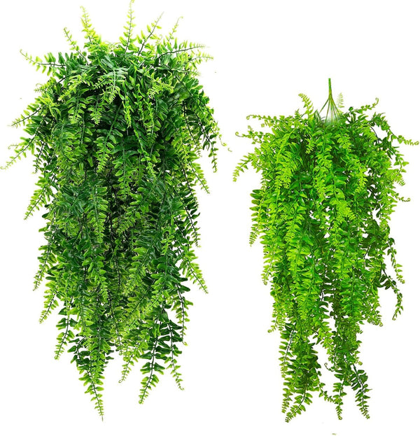 Fake Fern Artificial Hanging Ferns - UV Resistant Faux Greenery Plant for Wall, Wedding Party Decor (2Pcs)