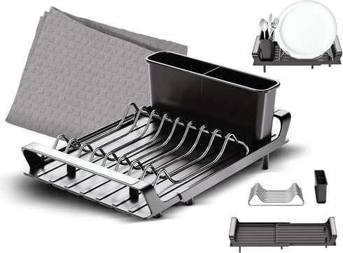 Cuisine Magnifique! Home Dish Drying Rack, Adjustable Length, Includes Kitchen Towel, French-Inspired Space-Saving