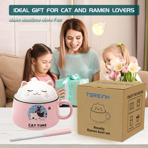 Ramen Bowl Set with Chopsticks, Cute Cat Instant Noodle Bowls with Lid, 34.5 OZ Extra Large Ceramic Soup Bowls, Pink
