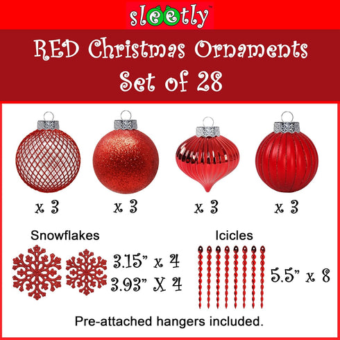 SLEETLY 28pk Red Ornaments for Christmas Tree, Shatterproof Plastic Balls, Icicles and Snowflakes