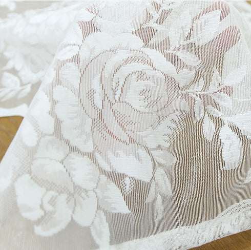 Sheer White Lace Curtain Valance for Kitchen Small Window, Boho Floral Rose Pattern, 1 Panel 52"×18" for Living Room,