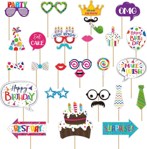 29 Pieces Birthday Photo Booth Props Kit for Kids Birthday Theme Table Centerpiece Craft Cutouts with Glue Dots