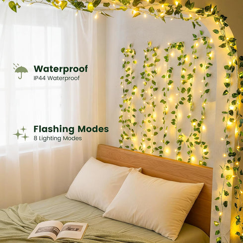 23 73 HEYFUNi Vines with Lights, Ft Led Faux Pothos String Lights Plug in, Leaf Lights for Bedroom, Wall, Balcony