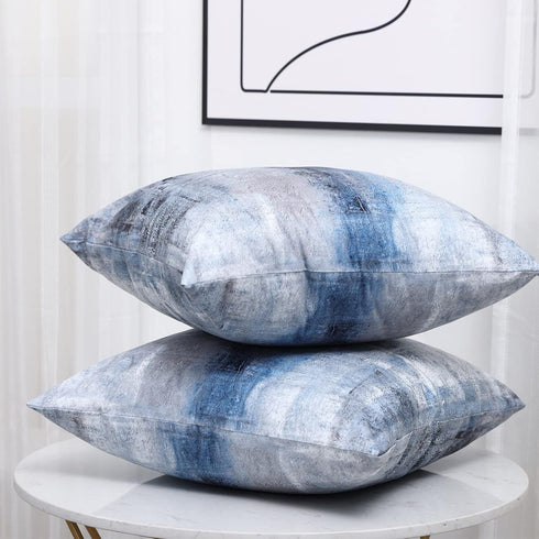 Set of 2 Blue and Grey Abstract Art Pillow Covers, 18 x 18 Inch Decorative Throw Pillows for Living Room Bedroom Sofa