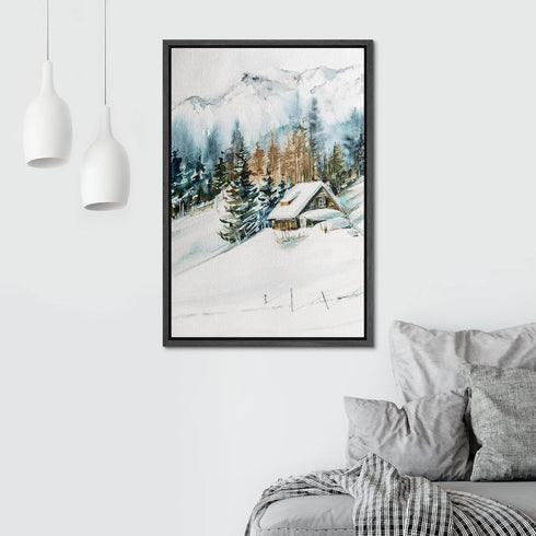 16"x24" SIGNWIN Framed Canvas Print Wall Art Woodland Nursery Decor Log Cabin Winter Snow Mountain Forest Nature Modern