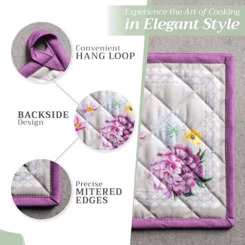 Maison d' Hermine Pot Holders Set of 2, 100% Cotton Heat Resistant Potholders 8" x 8" for BBQ, Cooking, Baking, Pivoine