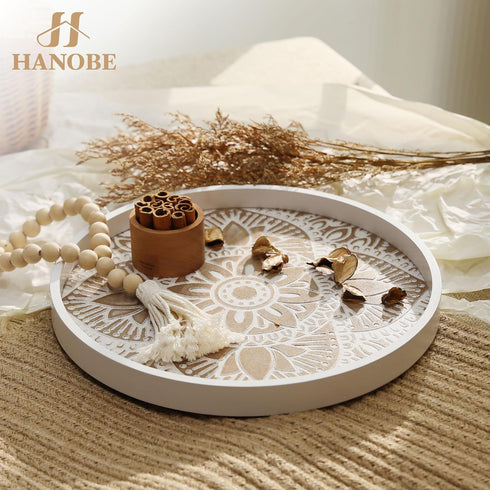 Hanobe Decorative Serving Tray Round: Farmhouse Coffee Table Decor Boho White Mandala Trays for Living Room Kitchen