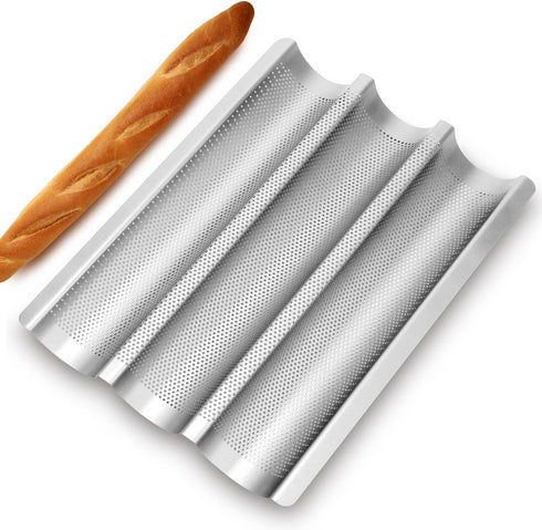 Baguette Pan, French Bread Pans For Baking Pan, Nonstick 3 Slots Perforated Italian Loaf Pan Mold Long French Bread Pan, Silver