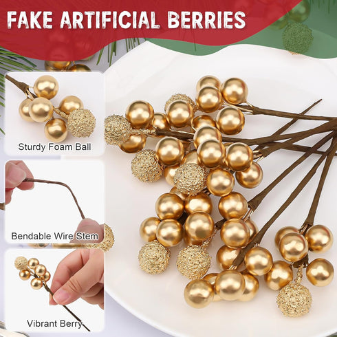 Meiwlong 10pcs Glitter Fake Artificial Gold Berries Picks Christmas Tree Decorations Foam Flower Core Wedding Garland