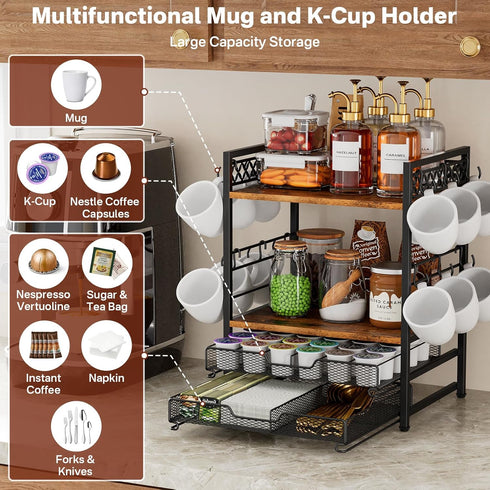 4 12 Countertop Plaviya Coffee Bar Station Organizer, Tier K Cup Organizer Mug Holder with Hooks, Coffee Pod Holder
