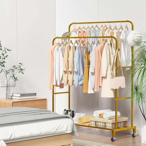 Wheels,3 4 Sooyee Double Rod Clothing Rack with Tier Garment Racks for Hanging Clothes,Portable Clothes Rack with Hooks