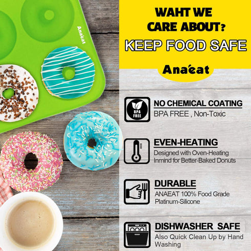 Anaeat 2 Pack Donut Pan Silicone Baking Mold, Non-Stick for 6 Full-Size Donuts, Easy Clean and Dishwasher Safe.