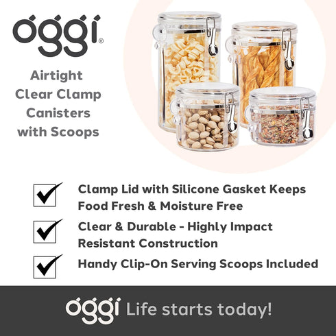 OGGI Clear Canister Airtight 28oz - Clamp Lid & Spoon, Ideal for Kitchen & Pantry Storage of Bulk Dry Food