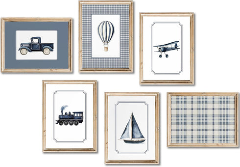 6Pcs Sailboat 8"x10" Vintage Transportation Nursery Wall Art Navy Blue Hot Air Balloon Biplane Train Truck Pictures